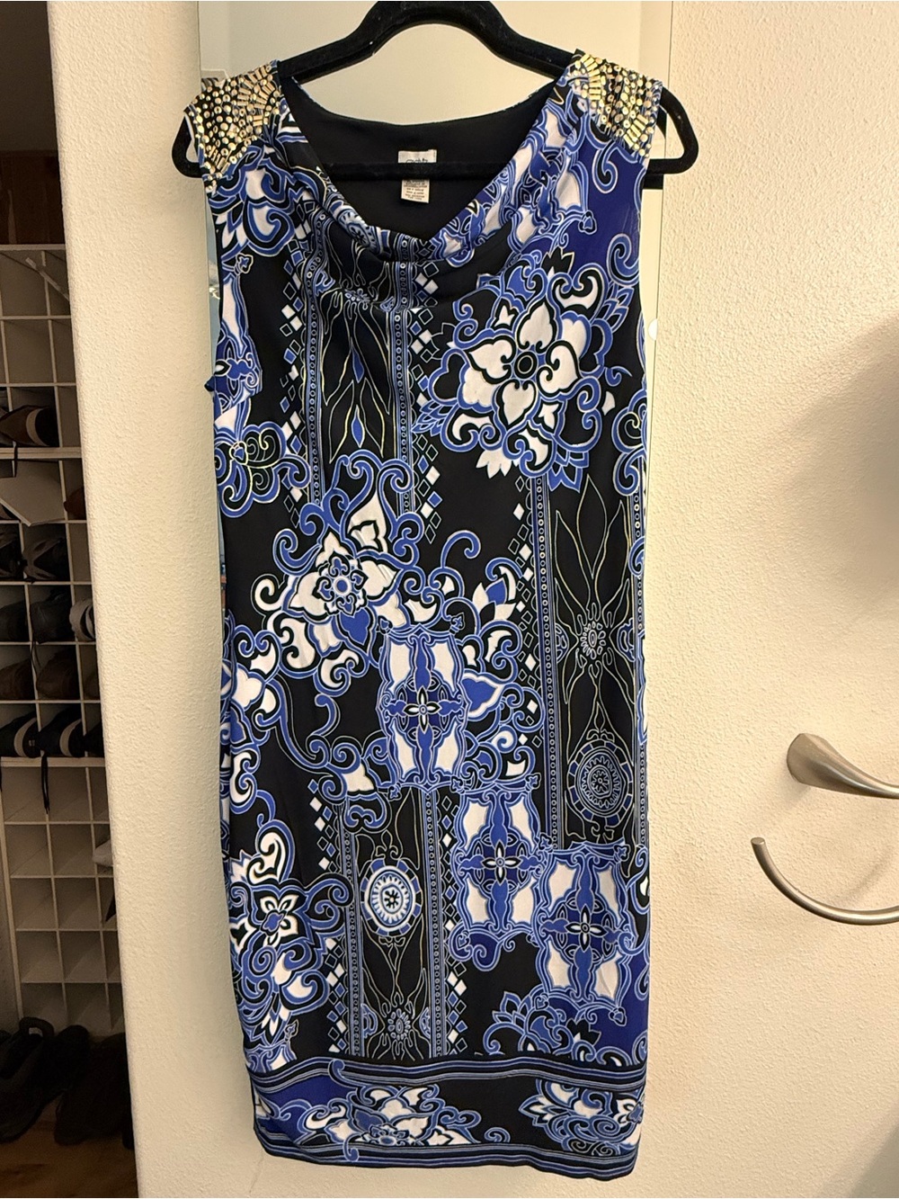 Cache Blue and Black Printed Cowl-Neck Midi Dress